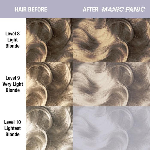 Silver Stiletto™ (Toner) - Amplified™, silver, white, icey, icy, steel grey, steel grey, grey, gray, white, cool grey, cool gray, purple based silver, purple toned silver, semi permanent hair color, hair dye, hair level chart, shade sheet