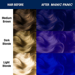 Shocking™ Blue - Classic High Voltage® - Tish & Snooky's Manic Panic, dark blue, deep blue, dark indigo, deep indigo, indigo, blue, intense blue, violet based blue, purple based blue, warm blue, midnight blue, semi permanent hair color, hair dye, hair level chart, shade sheet